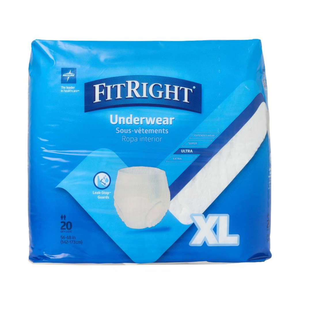 The blue package of FitRight Unisex Ultra Adult Pull-Up Underwear in XL size features Leak-Stop Guards and a moisture-wicking layer. It holds 20 pieces for waist sizes 56–68 inches (142–172 cm) with text in English, French, and Spanish.